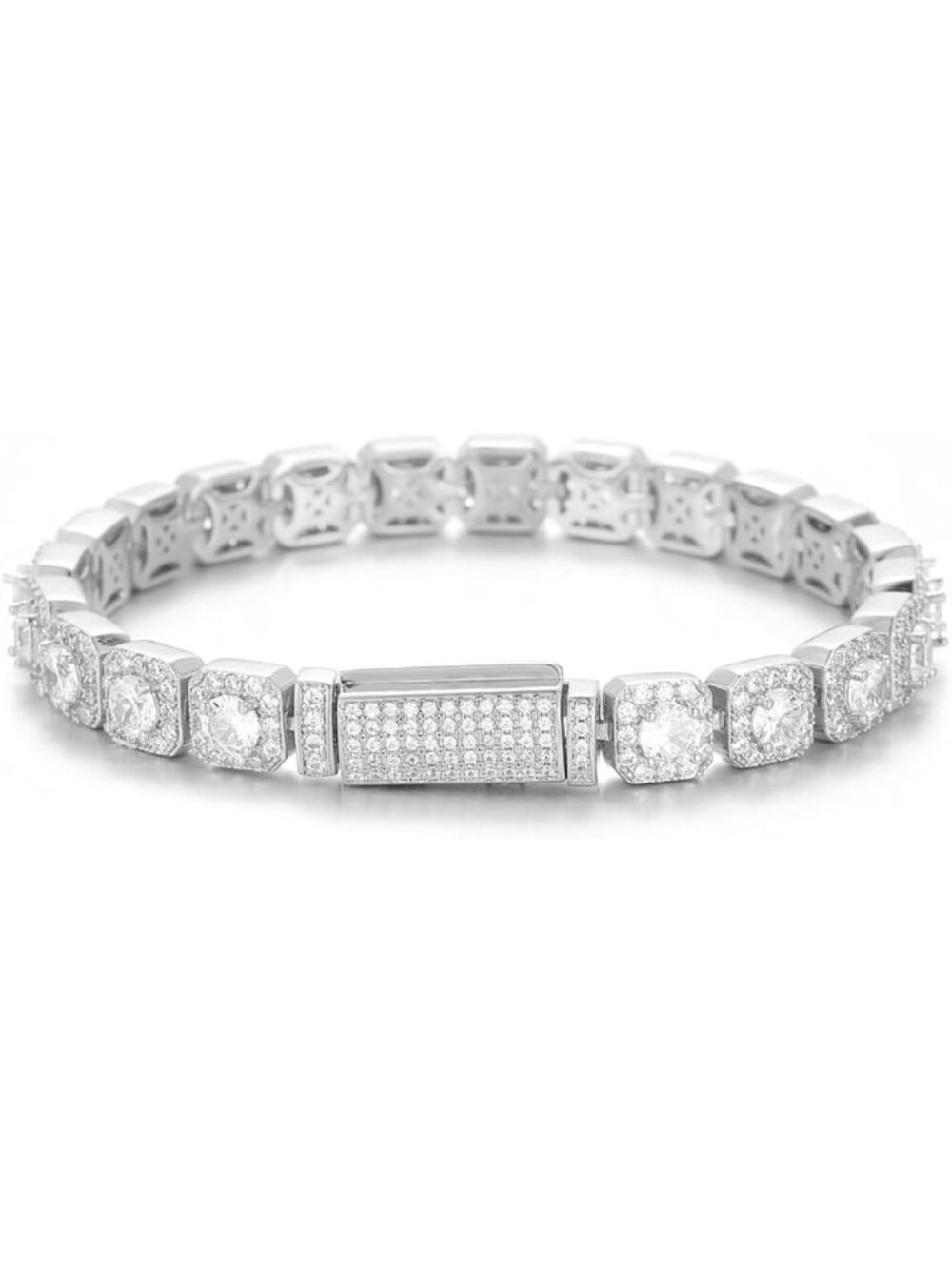 7mm Iced Out Cluster Tennis Bracelet - Silver Plated Cubic Zirconia Hip Hop